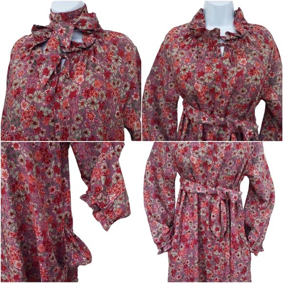 Vintage 80s Neil's Apparel Floral Shift Dress L(12) Pockets Ruffles Bow Belt - Picture 7 of 11